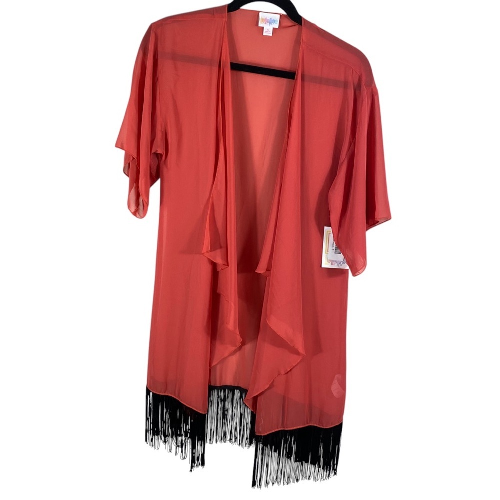 Lularue  Coral Sheer Monroe Kimono with Black Fringe Sz S NWT
